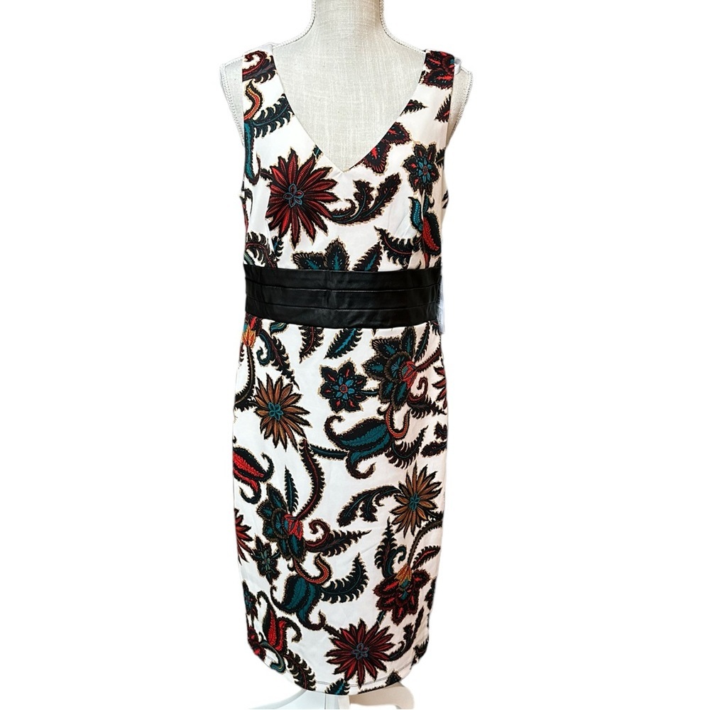 Bisou Bisou Womens Sleeveless Floral Stealth Midi Dress with Faux Leather Sz 12‎